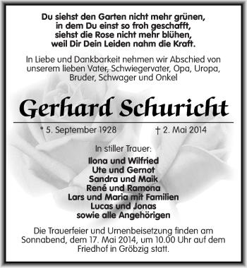 Traueranzeige von Gerhard Schuricht von Mitteldeutsche Zeitung Köthen