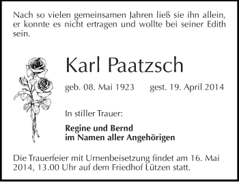 Traueranzeige von Karl Paatzsch von Mitteldeutsche Zeitung Weißenfels
