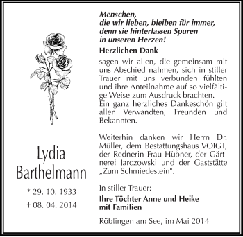 Traueranzeige von Lydia Barthelmann von Mitteldeutsche Zeitung Mansfelder Land