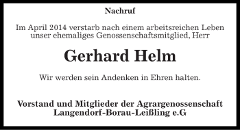 Traueranzeige von Gerhard Helm von Mitteldeutsche Zeitung Weißenfels