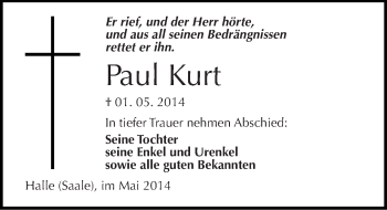 Traueranzeige von Paul Kurt von Mitteldeutsche Zeitung Halle/Saalkreis