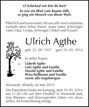 Traueranzeige von Ulrich Agthe von Mitteldeutsche Zeitung Sangerhausen