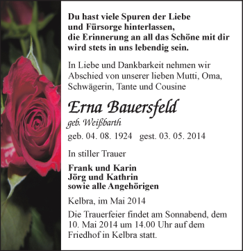 Traueranzeige von Erna Bauersfeld von Mitteldeutsche Zeitung Sangerhausen