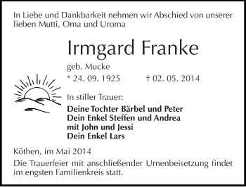 Traueranzeige von Irmgard Franke von Mitteldeutsche Zeitung Köthen