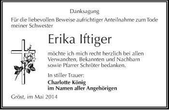 Traueranzeige von Erika Iftiger von Mitteldeutsche Zeitung Merseburg/Querfurt