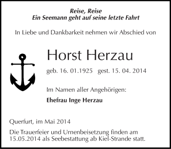 Traueranzeige von Horst Herzau von Mitteldeutsche Zeitung Merseburg/Querfurt
