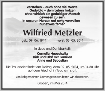 Traueranzeige von Wilfried Metzler von Mitteldeutsche Zeitung Weißenfels