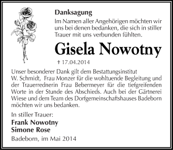 Traueranzeige von Gisela Nowotny von Mitteldeutsche Zeitung Quedlinburg