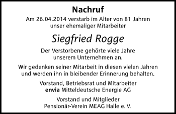 Traueranzeige von Siegfried Rogge von Mitteldeutsche Zeitung Halle/Saalkreis