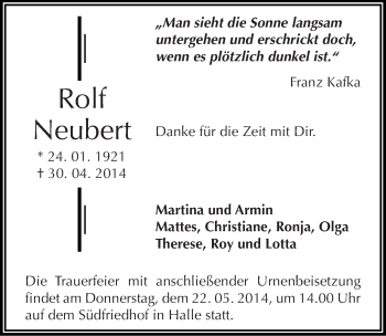 Traueranzeige von Rolf Neubert von Mitteldeutsche Zeitung Halle/Saalkreis
