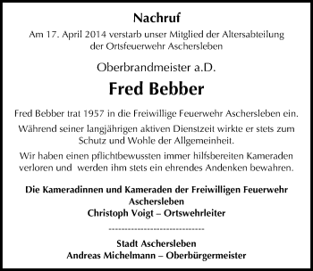 Traueranzeige von Fred Bebber von Mitteldeutsche Zeitung Aschersleben