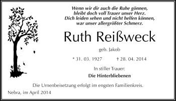Traueranzeige von Ruth Reißweck von Mitteldeutsche Zeitung Naumburg/Nebra