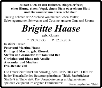 Traueranzeige von Brigitte Haase von Mitteldeutsche Zeitung Quedlinburg