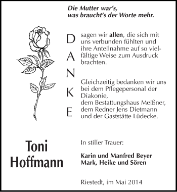 Traueranzeige von Toni Hoffmann von Mitteldeutsche Zeitung Sangerhausen