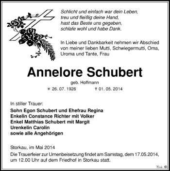 Traueranzeige von Annelore Schubert von Mitteldeutsche Zeitung Weißenfels