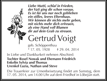 Traueranzeige von Gertrud Voigt von Mitteldeutsche Zeitung Halle/Saalkreis