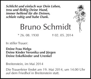 Traueranzeige von Bruno Schmidt von Mitteldeutsche Zeitung Sangerhausen