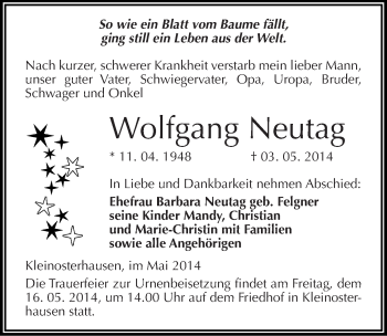 Traueranzeige von Wolfgang Neutag von Mitteldeutsche Zeitung Mansfelder Land