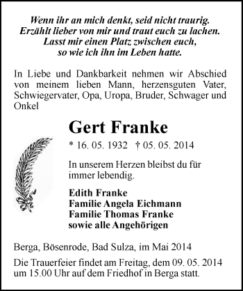 Traueranzeige von Gert Franke von Mitteldeutsche Zeitung Sangerhausen