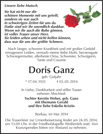 Traueranzeige von Doris Ganz von Mitteldeutsche Zeitung Weißenfels