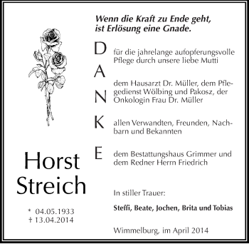 Traueranzeige von Horst Streich von Mitteldeutsche Zeitung Mansfelder Land