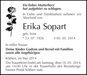 Traueranzeige von Erika Sopart von Mitteldeutsche Zeitung Köthen