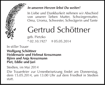 Traueranzeige von Gertrud Schöttner von Mitteldeutsche Zeitung Mansfelder Land