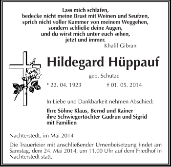 Traueranzeige von Hildegard Hüppauf von Mitteldeutsche Zeitung Aschersleben