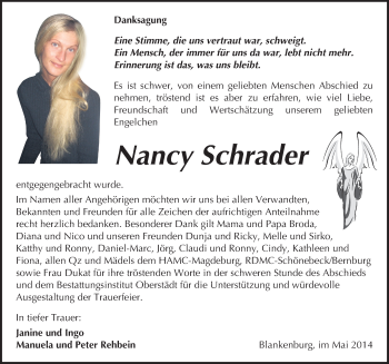 Traueranzeige von Nancy Schrader von Mitteldeutsche Zeitung Quedlinburg