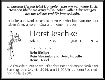 Traueranzeige von Horst Jeschke von Mitteldeutsche Zeitung Halle/Saalkreis