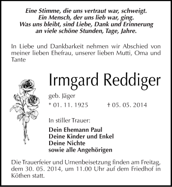 Traueranzeige von Irmgard Reddiger von Mitteldeutsche Zeitung Köthen
