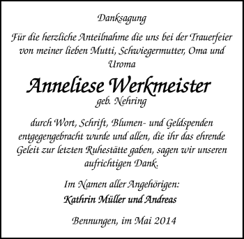 Traueranzeige von Anneliese Werkmeister von Mitteldeutsche Zeitung Sangerhausen
