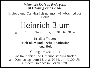 Traueranzeige von Heinrich Blum von Mitteldeutsche Zeitung Köthen