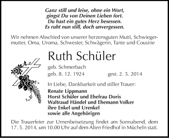 Traueranzeige von Ruth Schüler von Mitteldeutsche Zeitung Merseburg/Querfurt