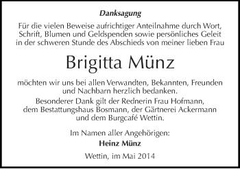 Traueranzeige von Brigitta Münz von Mitteldeutsche Zeitung Halle/Saalkreis