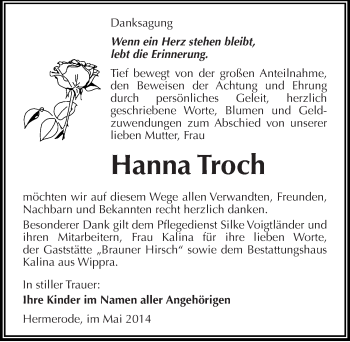 Traueranzeige von Hanna Troch von Mitteldeutsche Zeitung Mansfelder Land