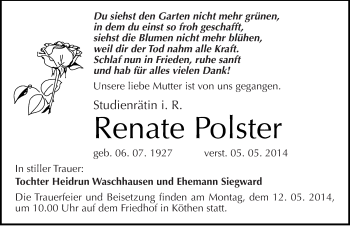 Traueranzeige von Renate Polster von Mitteldeutsche Zeitung Köthen