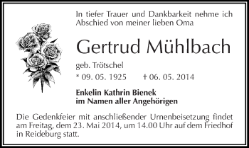 Traueranzeige von Gertrud Mühlbach von Mitteldeutsche Zeitung Halle/Saalkreis