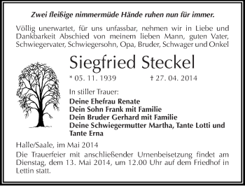 Traueranzeige von Siegfried Steckel von Mitteldeutsche Zeitung Halle/Saalkreis