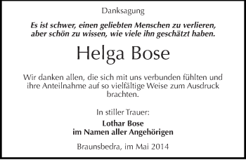 Traueranzeige von Helga Bose von Mitteldeutsche Zeitung Merseburg/Querfurt