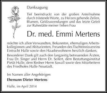 Traueranzeige von Emmi Mertens von Mitteldeutsche Zeitung Halle/Saalkreis
