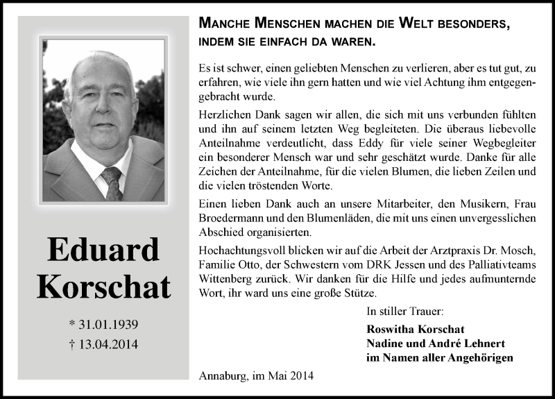  Traueranzeige für Eduard Korschat vom 10.05.2014 aus Mitteldeutsche Zeitung Wittenberg