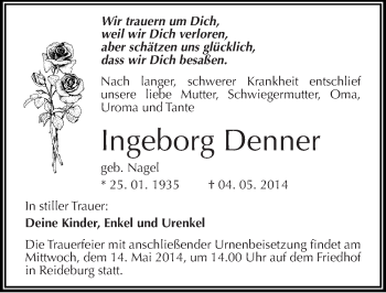 Traueranzeige von Ingeborg Denner von Mitteldeutsche Zeitung Halle/Saalkreis