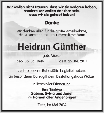 Traueranzeige von Heidrun Günther von Mitteldeutsche Zeitung Zeitz