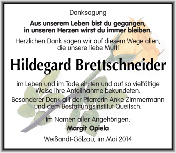 Traueranzeige von Hildegard Brettschneider von Mitteldeutsche Zeitung Köthen