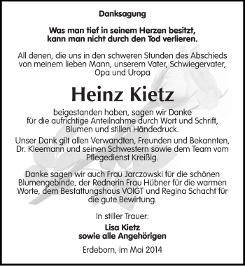 Traueranzeige von Heinz Kietz von Mitteldeutsche Zeitung Mansfelder Land
