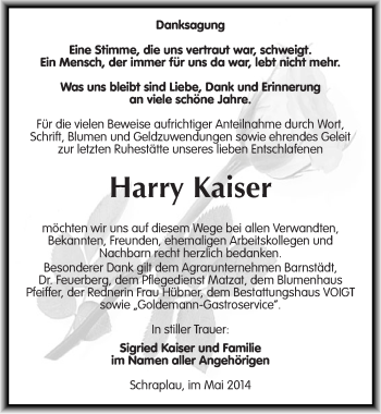 Traueranzeige von Harry Kaiser von Mitteldeutsche Zeitung Merseburg/Querfurt