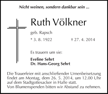 Traueranzeige von Ruth Völkner von Mitteldeutsche Zeitung Halle/Saalkreis