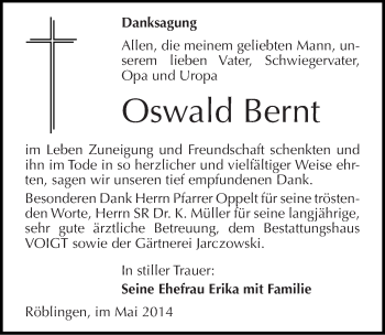 Traueranzeige von Oswald Bernt von Mitteldeutsche Zeitung Mansfelder Land