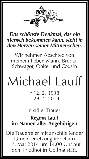 Traueranzeige von Michael Lauff von Mitteldeutsche Zeitung Halle/Saalkreis